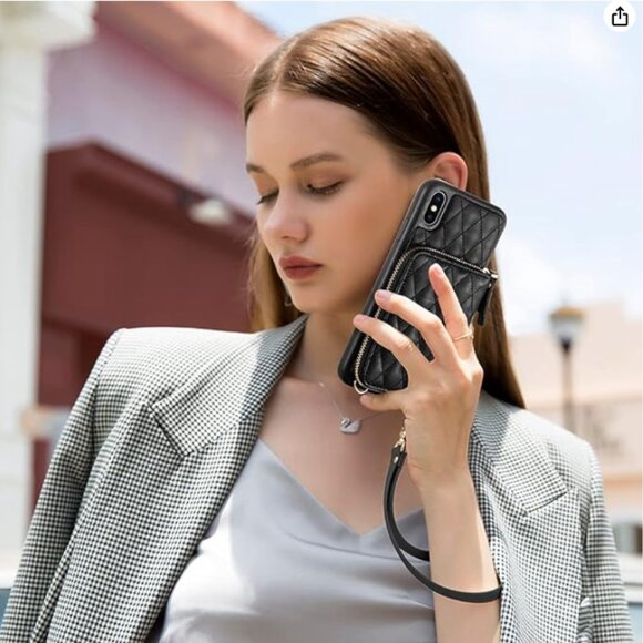 iPhone X Case Wallet with Card Holder Crossbody Faux Quilted Leather Black - Picture 6 of 6